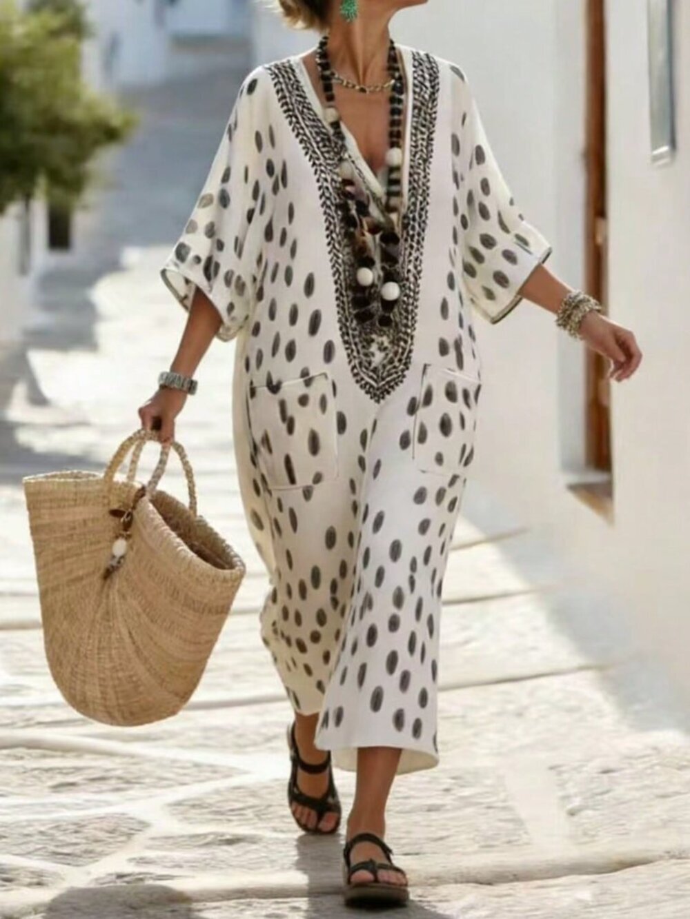 Apricot Boho Women's V-Neck 3/4 Sleeve Print Loose Long Mediterranean Dress - Picture 3 of 8
